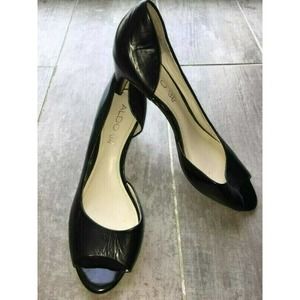 ALDO black Patent Leather open Toe Peep toe Kitten Heel Classic Timeless 38 7.5